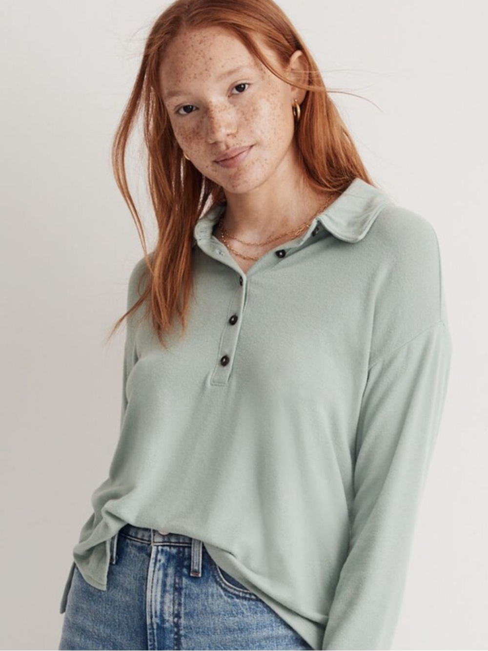 Madewell Dreamiest Knit Long-Sleeve Henley Polo in Frosted Sage